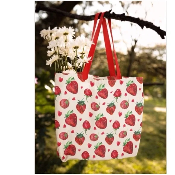 Anthro Strawberry 🍓 Print Canvas Tote Shopping Bag - Picture 1 of 13